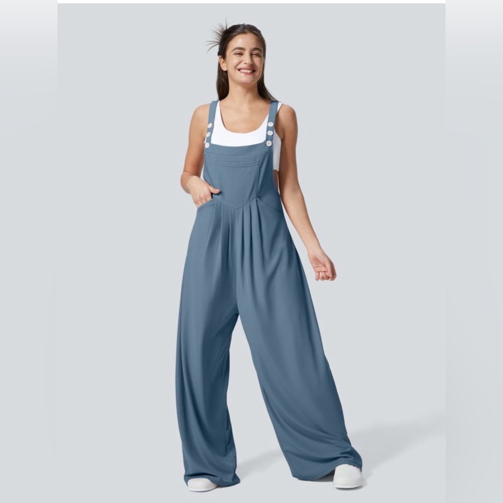 HALARA Adjustable Strap Button Pocket Waffle Knit Casual Wide Leg Overalls